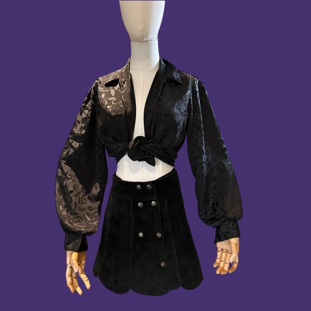 Vintage 90s black silk floral bishop sleeve blouse gothic